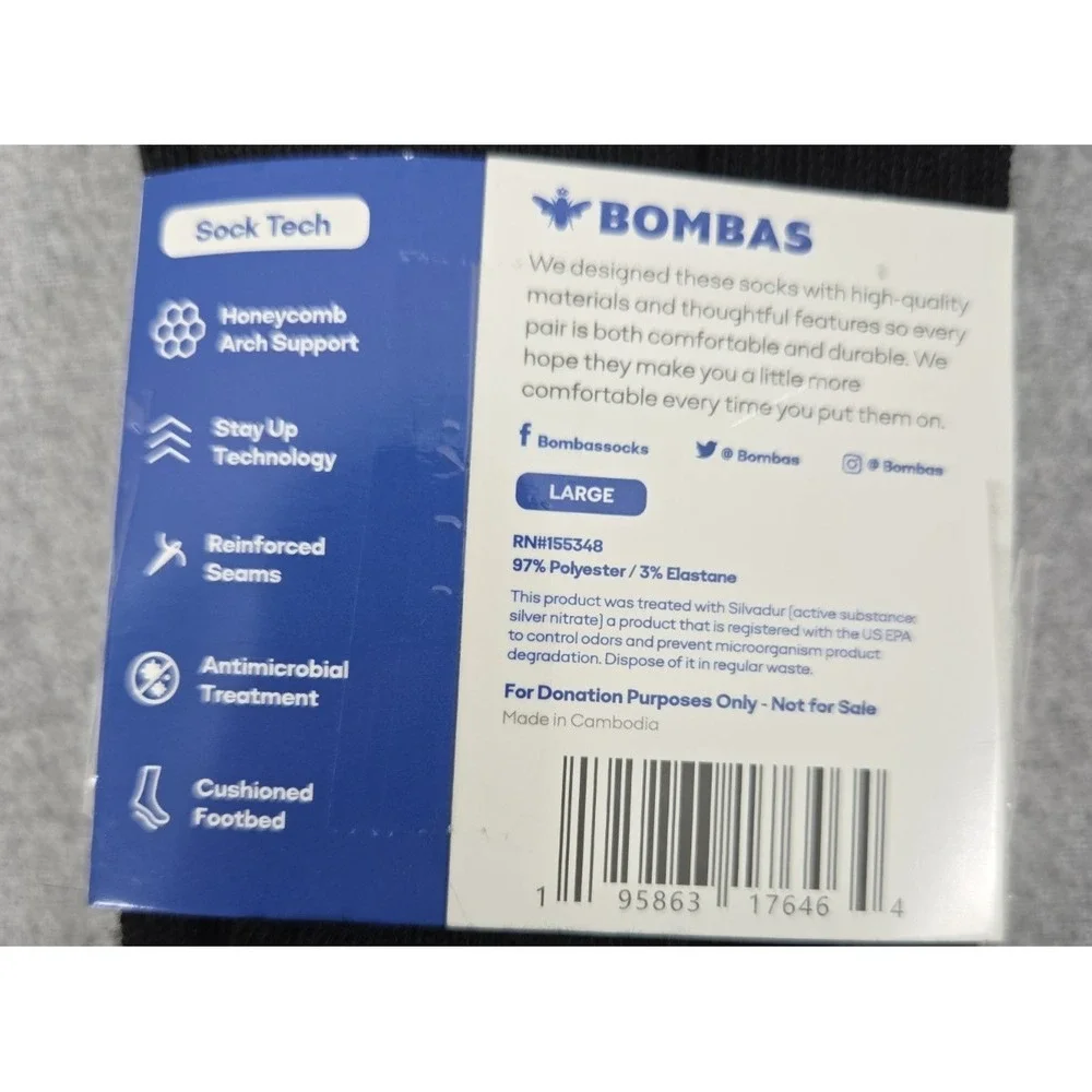BOMBAS Black Crew Socks Honeycomb Poly Blend Unisex L Cushioned Comfort NEW